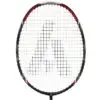 Black and white photo of a tennis racket and tennis ball on a tennis court.