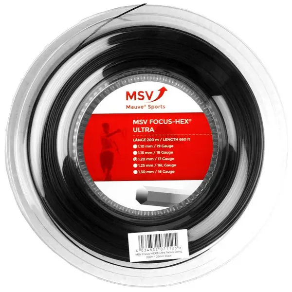 MSV Focus Hex Ultra Black reel - a close-up image of a black tennis reel used for stringing racquets