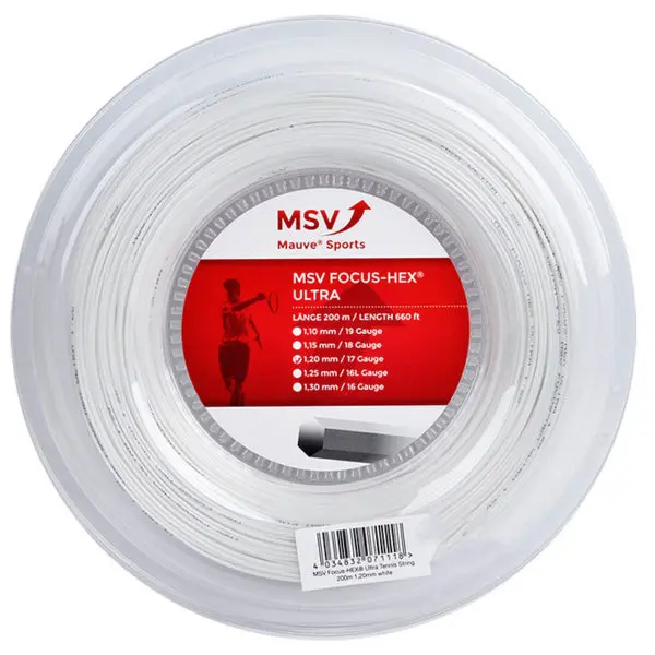 MSV Focus Hex Ultra White reel, a close-up view of a tennis string reel
