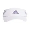 A purple visor cap with an adjustable strap