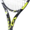 White and blue tennis racket with strings and grip