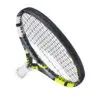 A close-up image of a colorful badminton racket on the court, ready for action