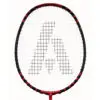 A close-up photo of a tennis racquet with neon green strings and a black grip.