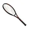 Close-up shot of a tennis racquet and tennis ball on the court