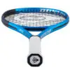 The image displays a close-up view of a professional tennis racket with a vibrant color scheme and intricate string pattern.