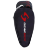 A tennis racket with a red and black color scheme, featuring the brand logo and grip detail.