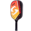 A tennis racket with a sleek design and vibrant orange strings.