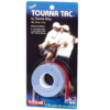 Black tennis racket with white grip and strings