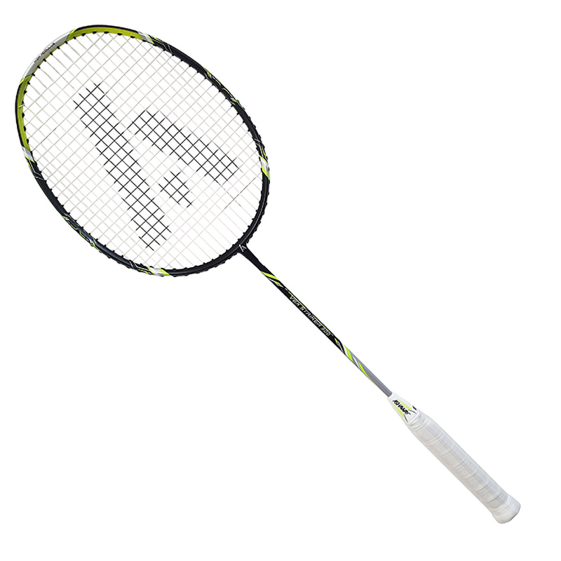 Black tennis racket displayed on a white background