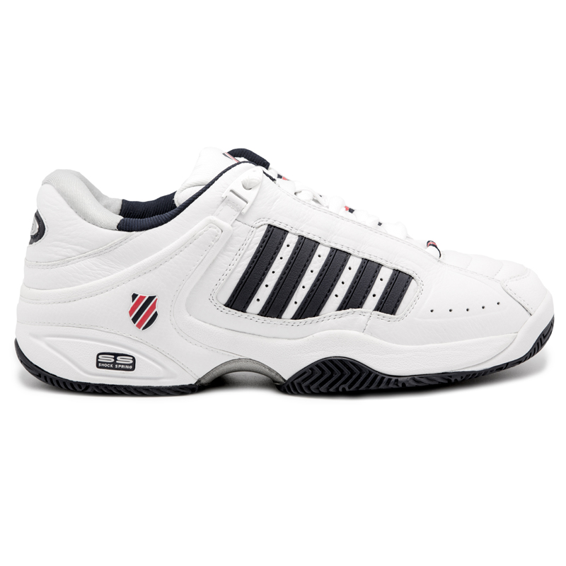 White, blue, and red Defierrs side angle view sports shoes