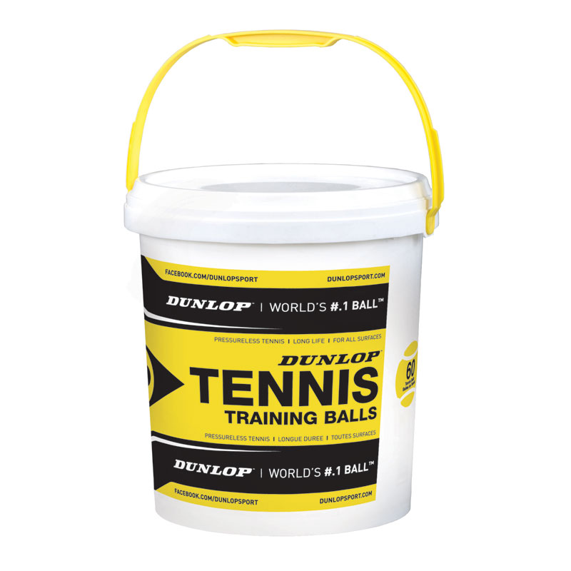 Dunlop training ball bucket, a bucket filled with Dunlop branded practice balls for training purposes