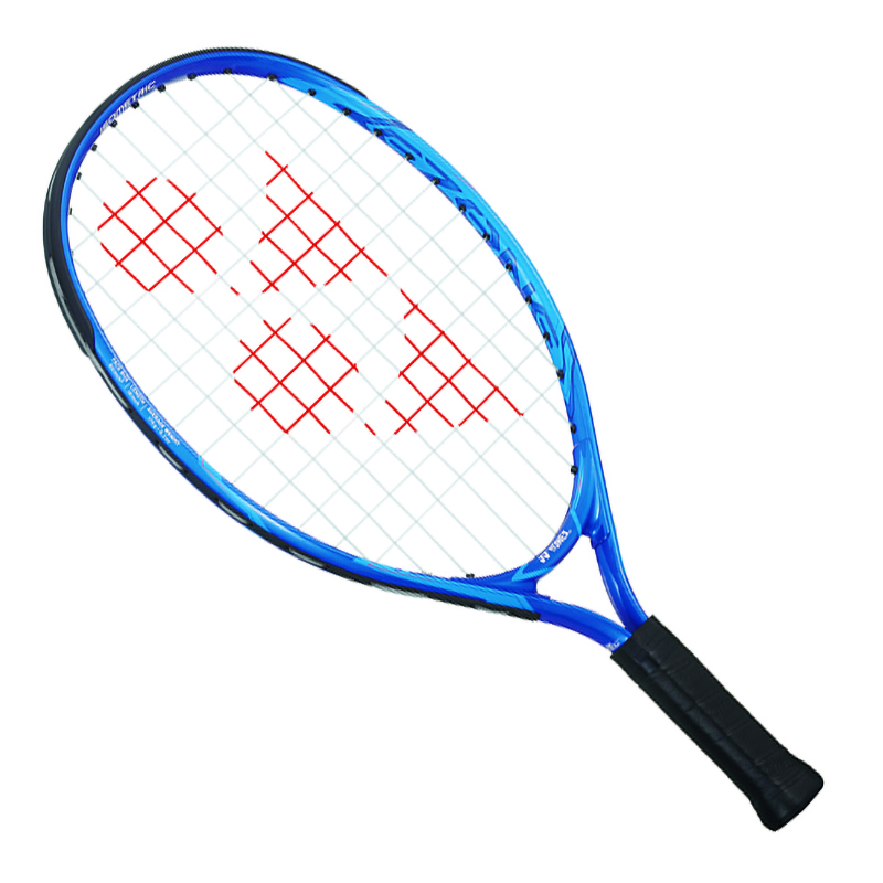 A junior-sized tennis racket with a black frame and a white grip