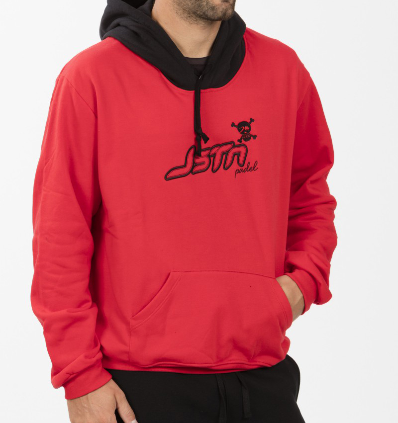 A man wearing a red hoodie with the brand name Inko printed on it.