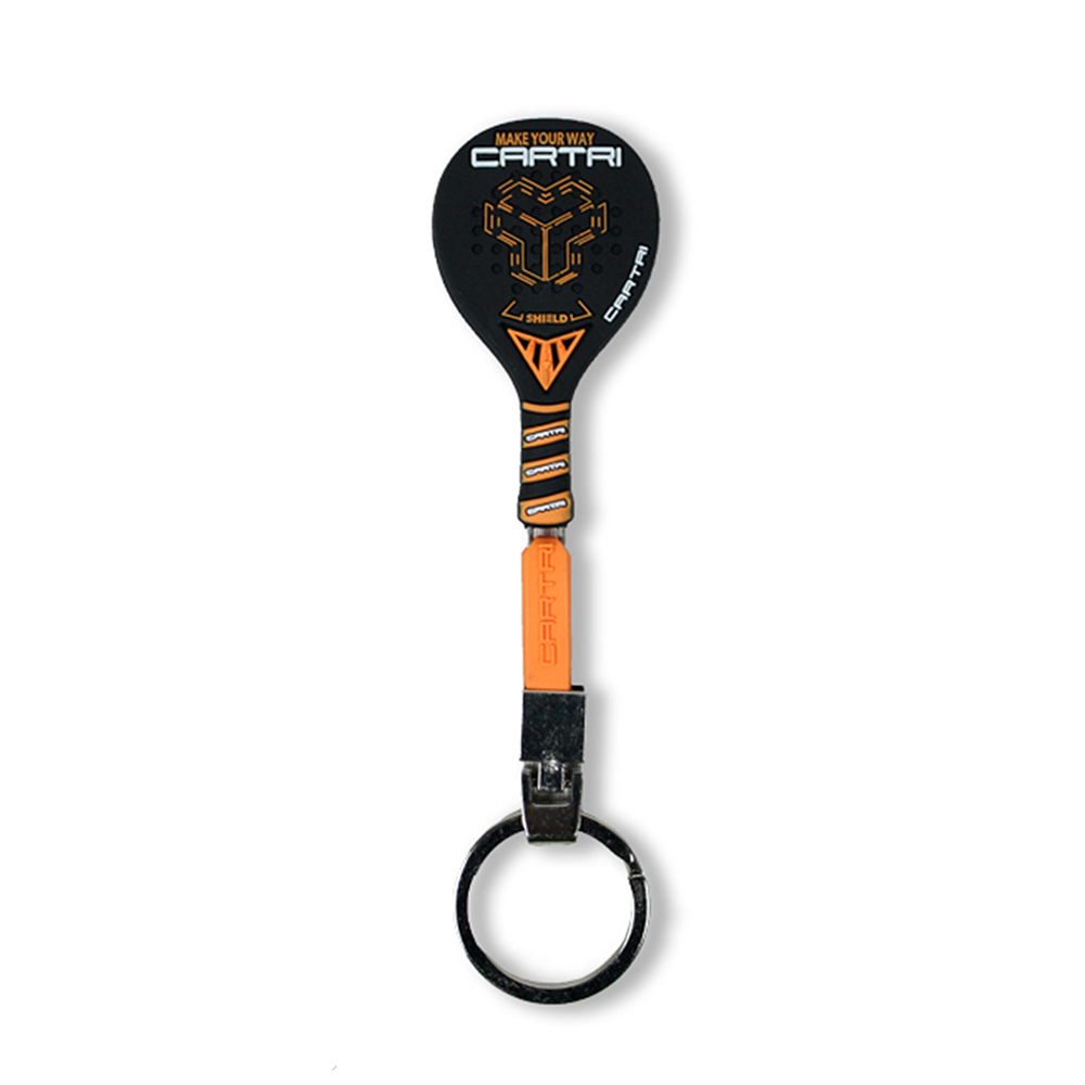 Image of a keychain with a metal tennis racket and tennis ball design