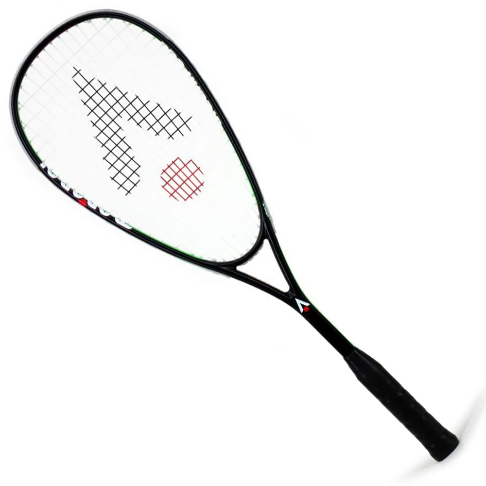 Tennis racket with vibrant orange strings and a black grip.