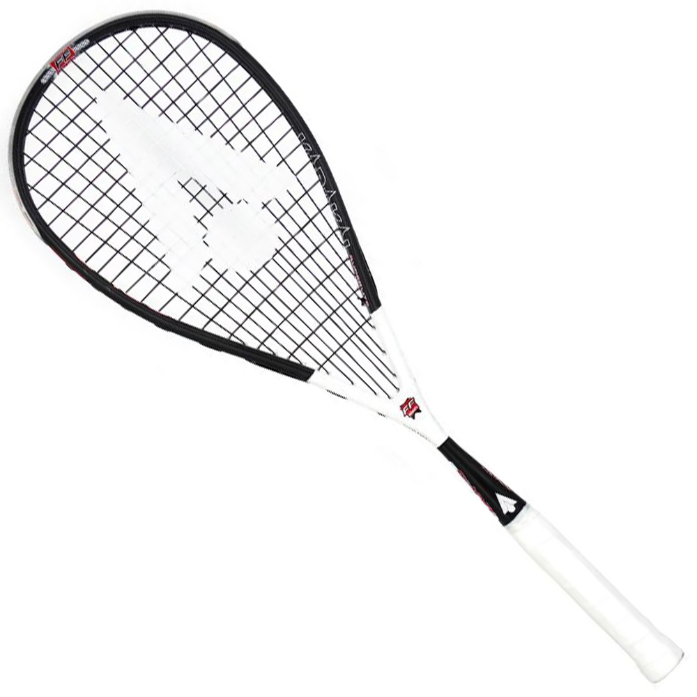 Badminton racket with colorful strings and grip.