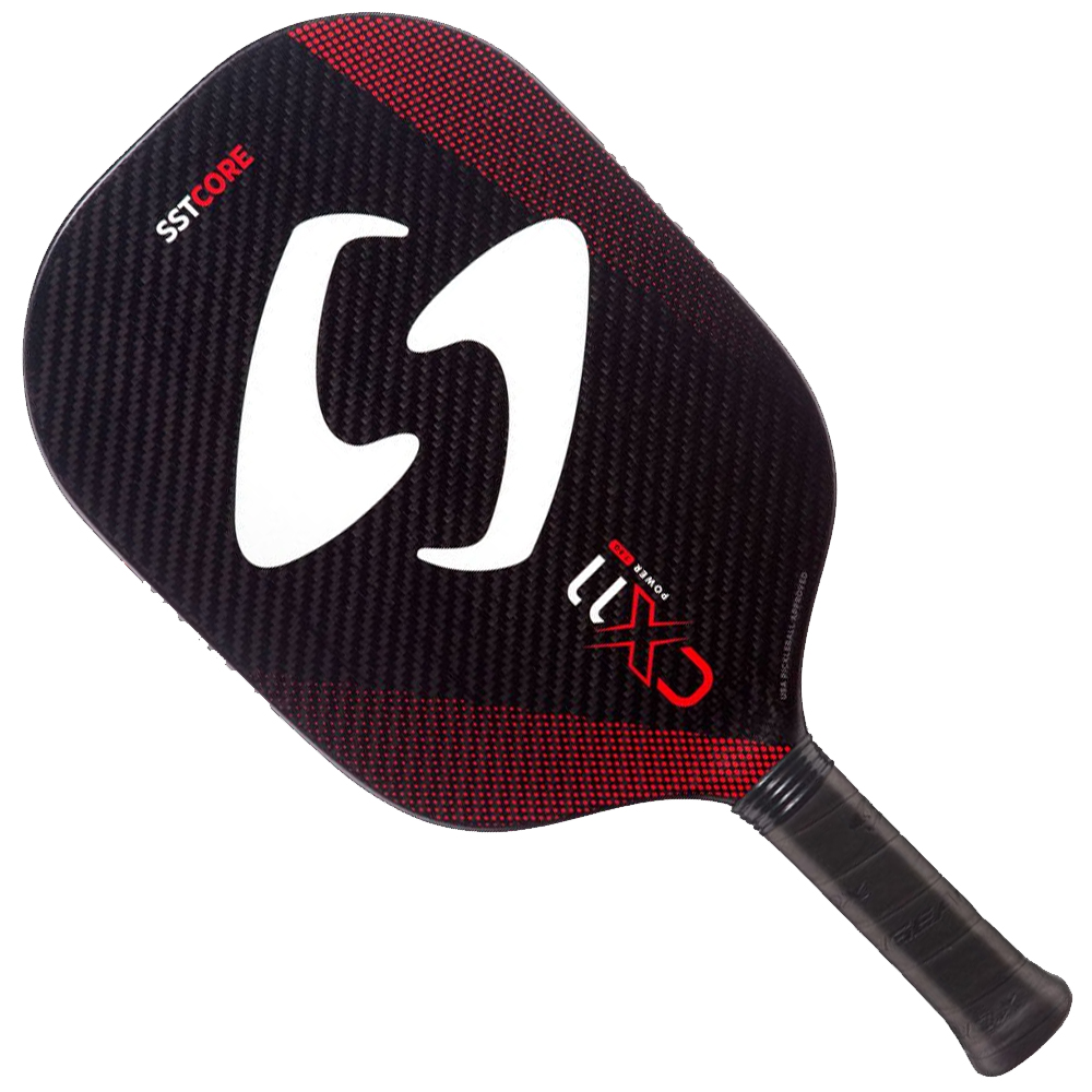 White squash racket with black grip and red string