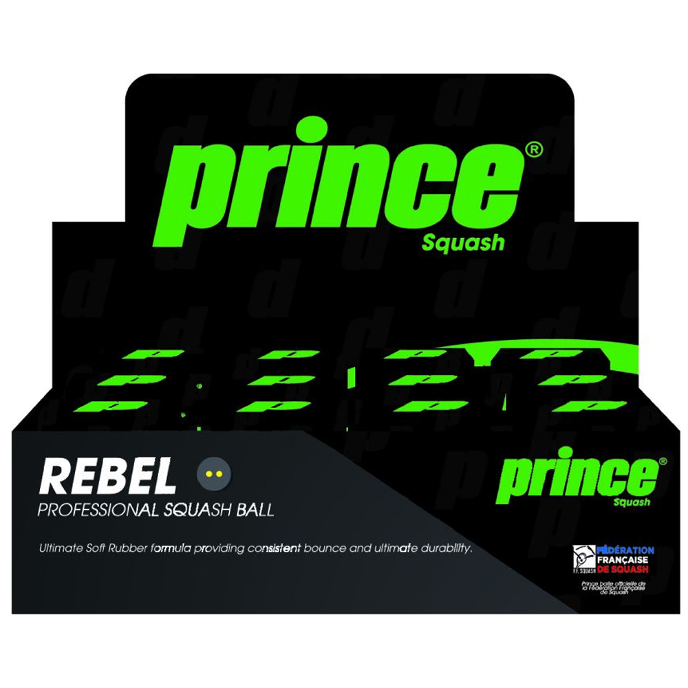 Prince Rebel Double Yellow Dot Squash Ball (dozen box)