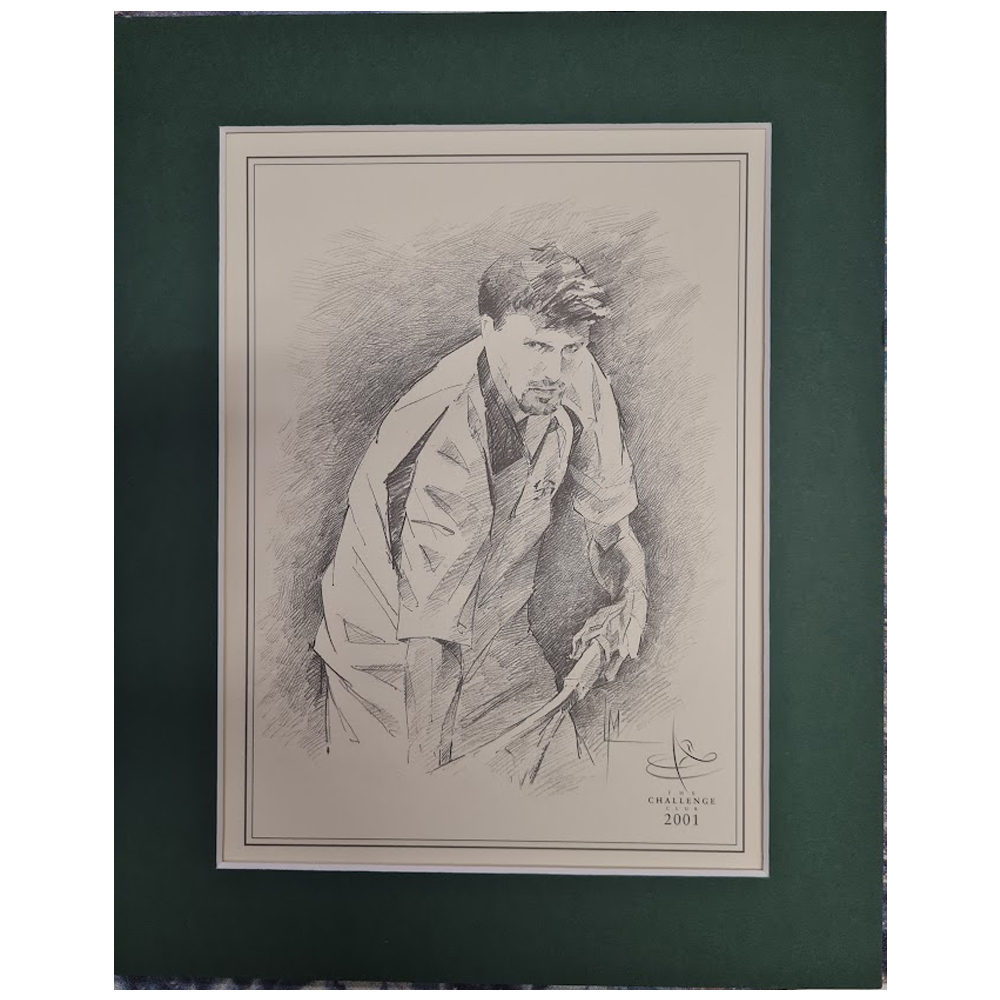 Two hockey sticks and a ball on a field