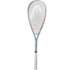 Tennis racket with red strings and black handle