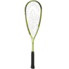 Tennis racket, with a black and white design, held in a hand during a match