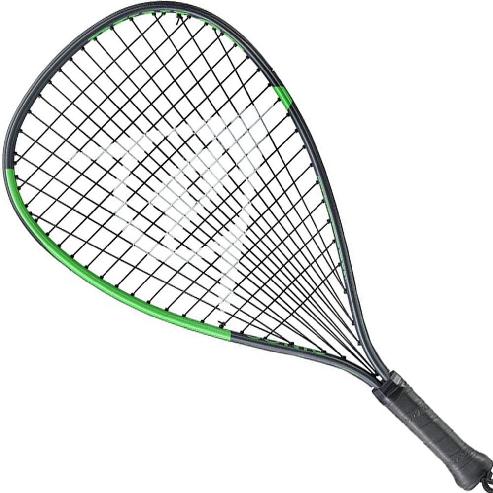 A black and white badminton racket with a sleek design and stringed, ideal for professional players
