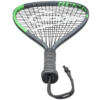 An image of a tennis racket and ball on a bright green tennis court.