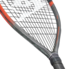 Image of a tennis racket with black and yellow strings on a white background