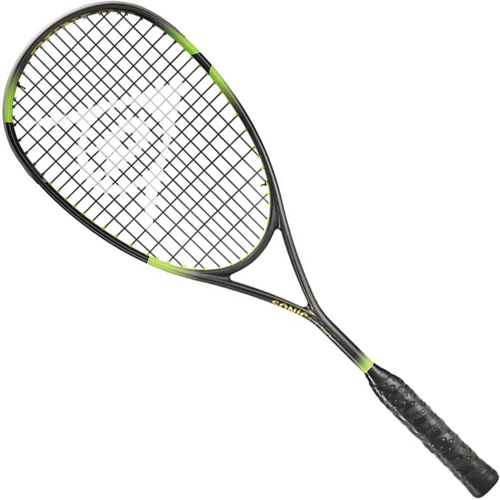 red and black squash racket with white strings