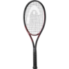 Badminton racket with red and black strings