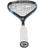 A close-up view of a tennis racket and ball on a tennis court