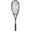 A tennis racket with a white grip and yellow strings against a black background.