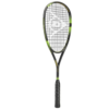 A racket with red strings and black frame on a white background.