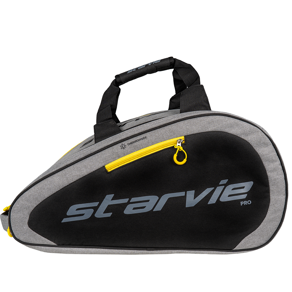 StarVie Luxury Silver Padel Bag with a yellow zip across the front