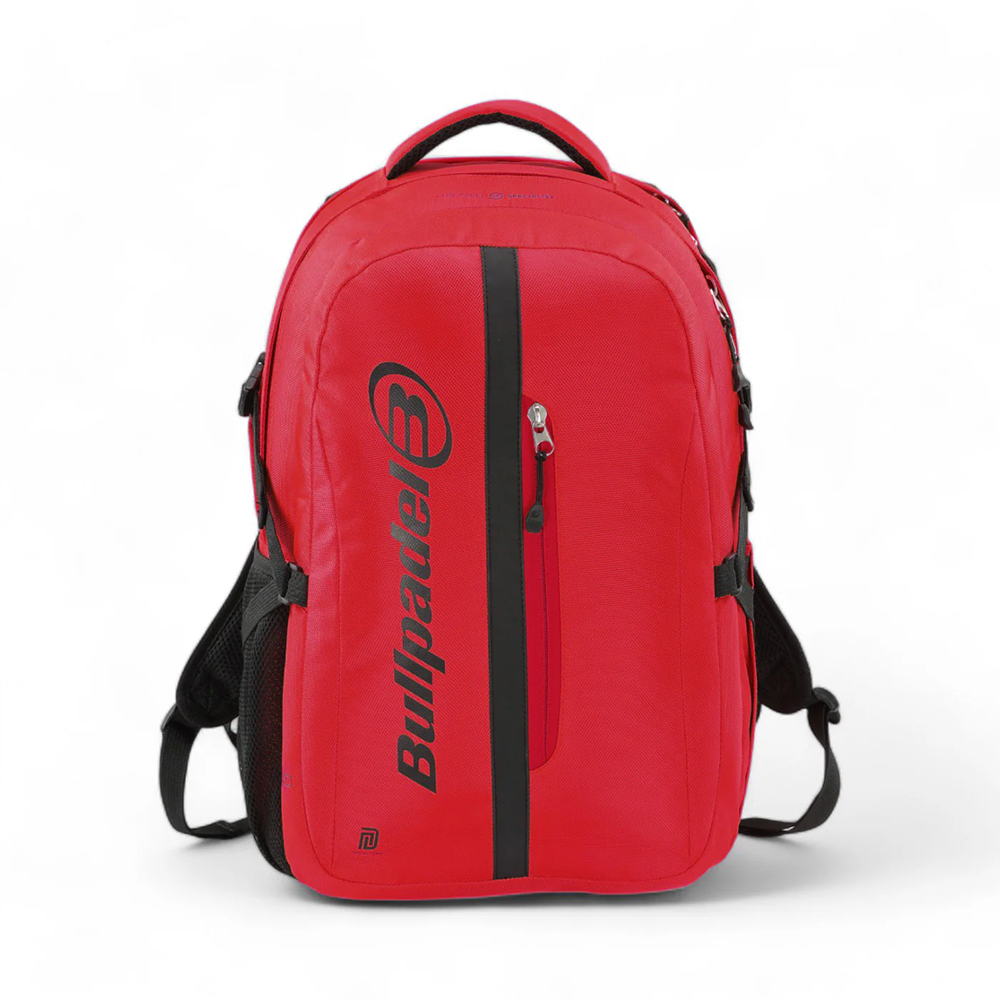 Bullpadel Xplo red backpack with Bullpadel written in black